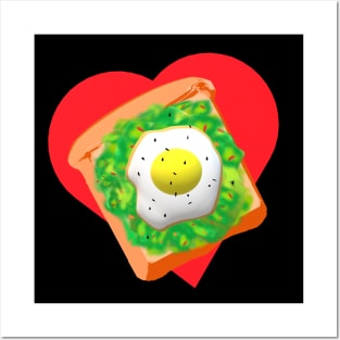 Avocado Toast Lovers Toast with Egg on a Bright Red Heart (Black Background) Posters and Art